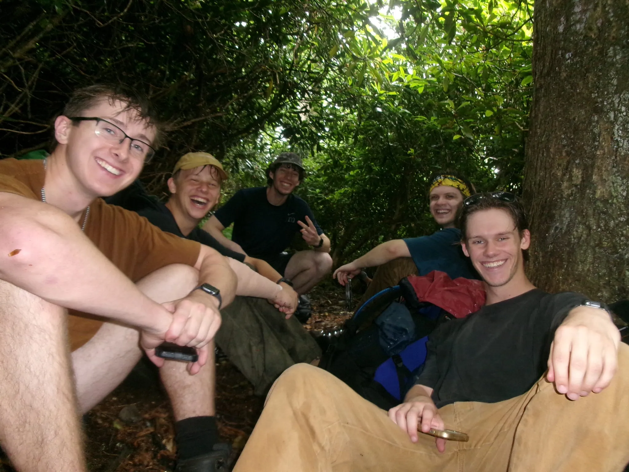 Five brothers sitting together under trees, laughing