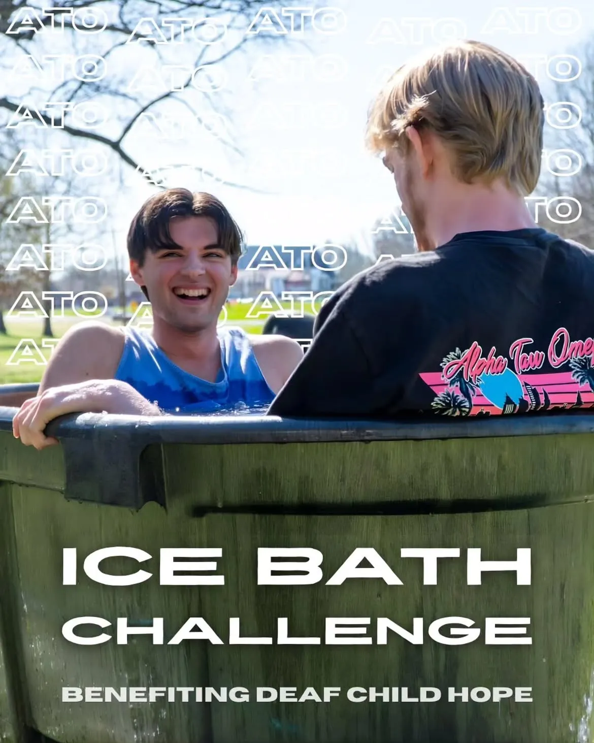 Two brothers laughing in an ice bath during the Ice Bath Challenge fundraiser for Deaf Child Hope