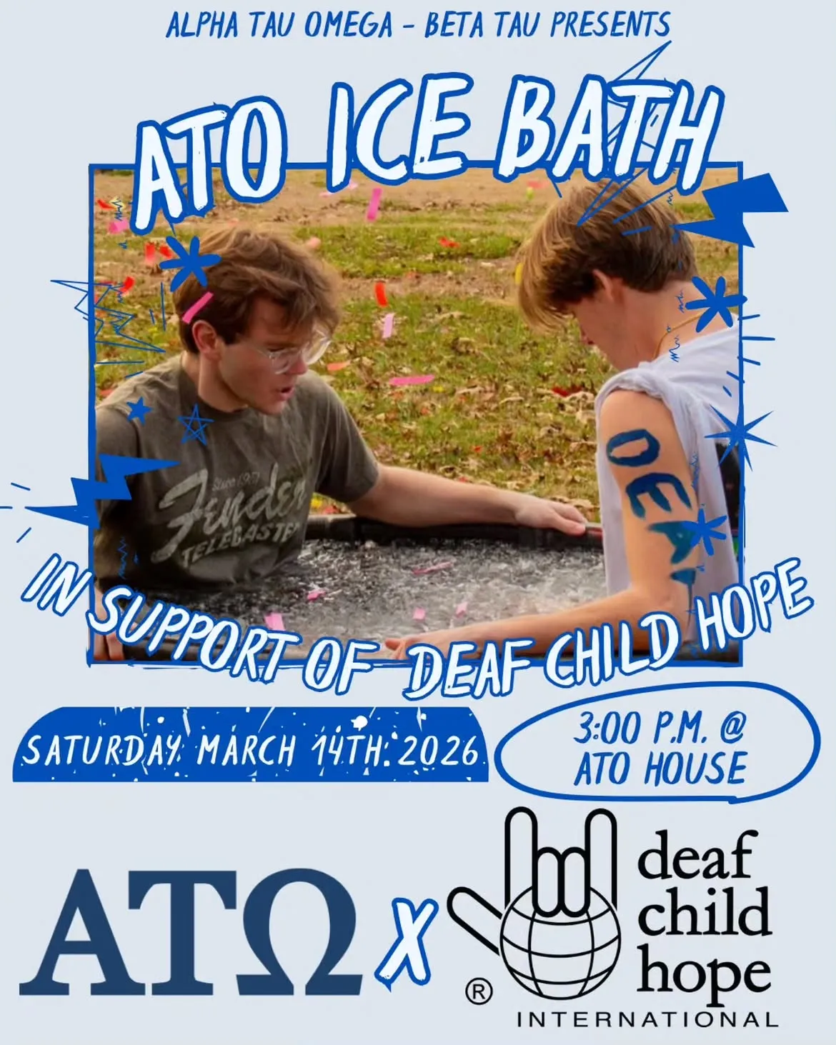 Promotional flyer for the ATO Ice Bath Challenge benefiting Deaf Child Hope International